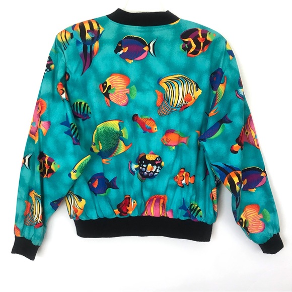 Vintage Colorful Fish Pattern Cotton Reversible Bomber Jacket - One Size - Picture 2 of 6
